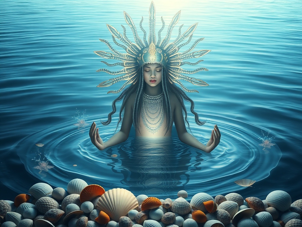 Curiosidades Sobre Iemanjá: Mistérios, Símbolos e Significados da Rainha do Mar Representação espiritual de Iemanjá em estilo moderno e sereno, envolta por águas do mar calmas, conchas e luz azul prateada, atmosfera mística e acolhedora, sensação de mistério e sabedoria ancestral, iluminação suave, estética contemporânea, alta definição, formato horizontal 1200x658, sem textos na imagem.