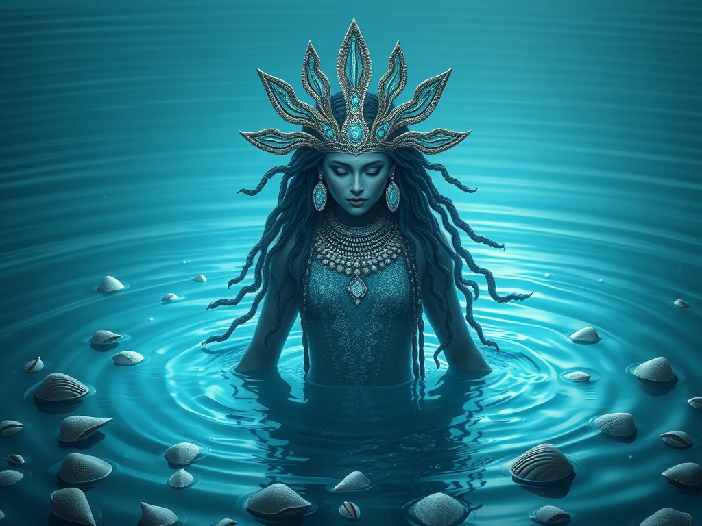 Curiosidades Sobre Iemanjá: Mistérios, Símbolos e Significados da Rainha do Mar Representação espiritual de Iemanjá em estilo moderno e sereno, envolta por águas do mar calmas, conchas e luz azul prateada, atmosfera mística e acolhedora, sensação de mistério e sabedoria ancestral, iluminação suave, estética contemporânea, alta definição, formato horizontal 1200x658, sem textos na imagem.