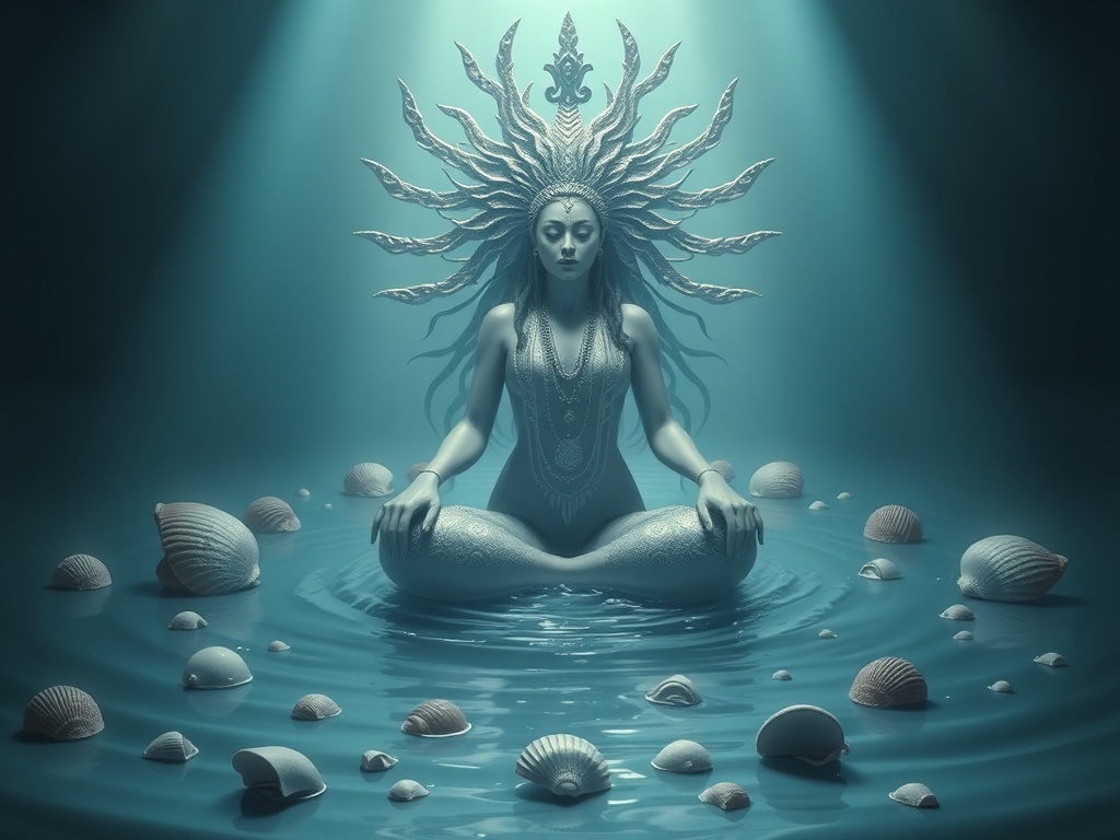 Curiosidades Sobre Iemanjá: Mistérios, Símbolos e Significados da Rainha do Mar Representação espiritual de Iemanjá em estilo moderno e sereno, envolta por águas do mar calmas, conchas e luz azul prateada, atmosfera mística e acolhedora, sensação de mistério e sabedoria ancestral, iluminação suave, estética contemporânea, alta definição, formato horizontal 1200x658, sem textos na imagem.